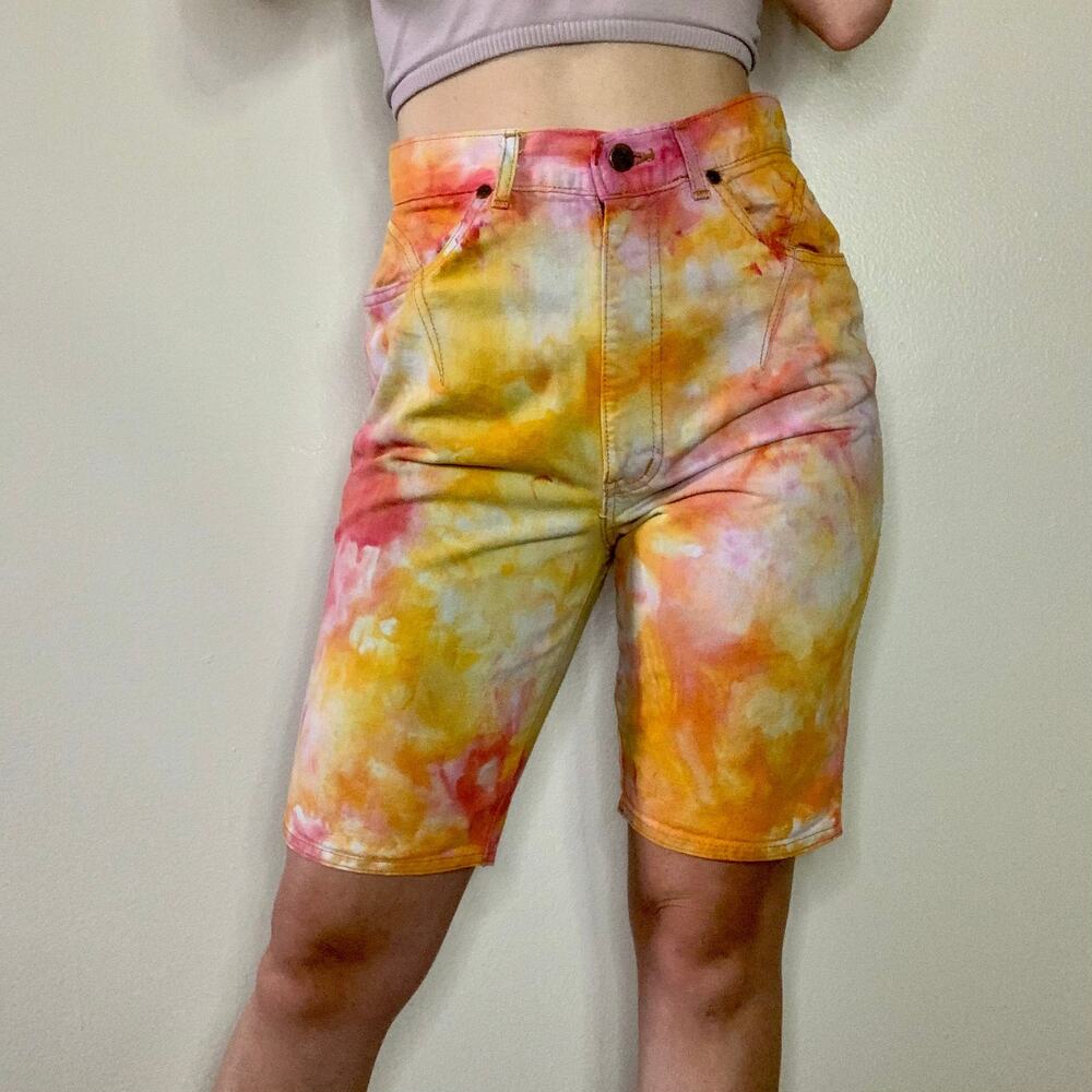 Vintage 90s Chic Ice Dyed Denim Shorts Reworked Pink Orange Yellow Jean Shorts
